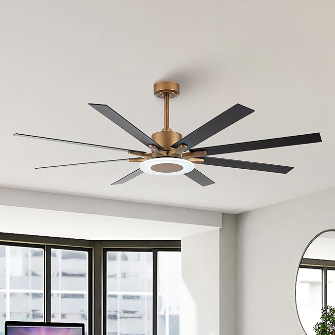 65" Vintage Black and Brushed Gold Ceiling Fan with Light, 6-Blade DC Motor, Reversible Quiet Fan with LED Module, Downrod Mount Large Ceiling Fan for Living Room Bedroom Patio