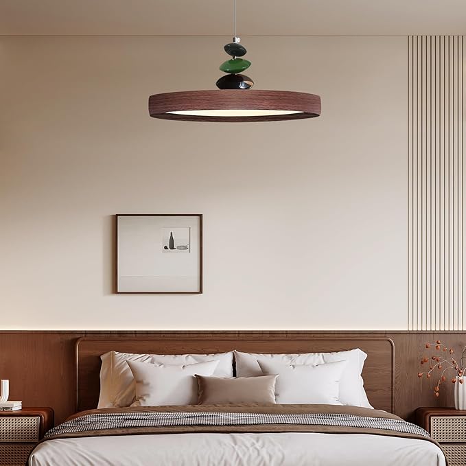 Mikeru Modern Pendant Lights, 15.8" Wood Grain Finish Pendant Lighting Fixture with Remote Control Dimmable 3 Color Mode & Brightness Mid Century Island Light Fixture for Dining Room,Living Room