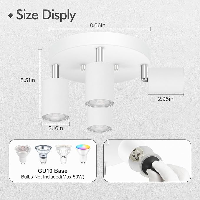 4 Light Track Lighting Fixtures Ceiling, Matte White Round Directional Ceiling Spotlight, GU10 Flush Mount Track Fixture, Adjustable Modern LED Track Lights for Kitchen/Living Room, Bulb Not Included
