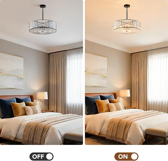 VONLUCE Cystal Ceiling Light Fixture, 6-Light Semi Flush Ceiling Light with Crystal Prisms, 21 in. Chandelier for Dining Room Bedroom Entryway, Kitchen, Black Metal Canopy, ETL Certificated