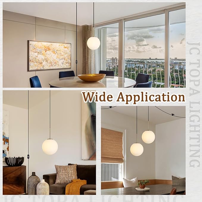 10” Plug in Globe Pendant Light Mid Century Modern Milk White Glass Globe Chandelier with 14.75ft Plug and Dimmable Switch for Bedroom Dining Room Kitchen Island, Brass