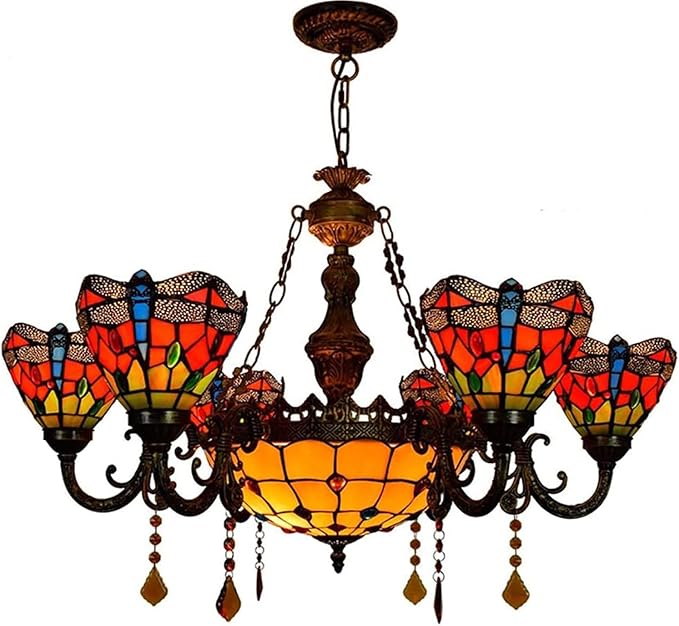 Tiffany-Style Victorian 6-Light Parrot Chandelier, European Red Dragonfly Stained Glass Multi-Head Pendant Lamp Fixture Ceiling Hang Light for Living Room Villa Dining Room,Dragonfly