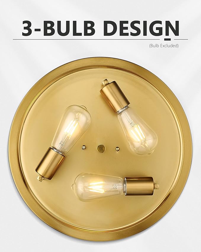 15 Inch Flush Mount Ceiling Light, HWH 3-Light Modern Close to Ceiling Light Fixtures Brushed Gold Finish for Kitchen Porch Foyer with Hammered Water Ripple Glass, 5HTJ102WG-F BG