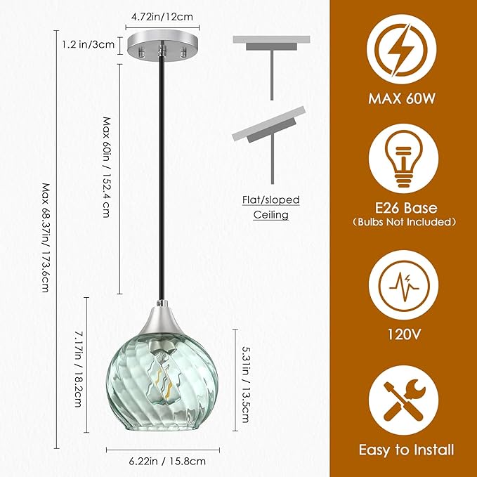 Pendant Lights Kitchen Island,2 Pack Farmhouse Pendant Lights,Green Striped Swirl Globe Glass Pendant Light Fixtures,Mini Island Lights For Kitchen,Modern Hanging Light Fixture With Adjustable Height