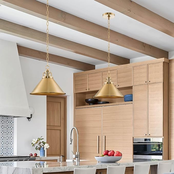 Kira Home Romine 12" Modern Gold Pendant Light with Cone Metal Shade, Mid-Century Gold Hanging Light, Cool Brass Finish