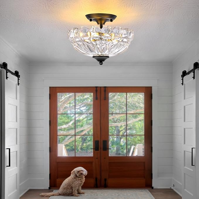 Semi Flush Mount Ceiling Light, 3-Light Kitchen Ceiling Lighting Fixtures with Clear Glass Lampshade, Black Modern Chandelier for Living Room Bedroom Hallway