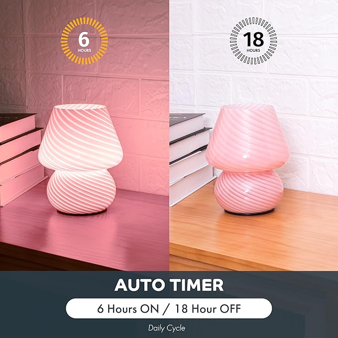 ULAROOM Battery Operated Mushroom Lamp - Vintage Small Table Lamp With Timer, Cordless Bedside Nightstand, Glass Battery Powered for Bedroom Kitchen Living Room Shelf Decor Aesthetic Pink