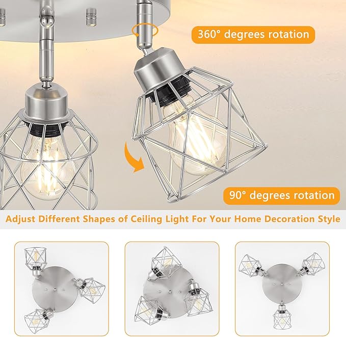 3-Light Brushed Nickel Semi Flush Mount Ceiling Light, Adjustable Kitchen Light Fixtures Ceiling Mount E26 Base Multi-Directional Silver Ceiling Spot Lights for Hallway Farmhouse Foyer