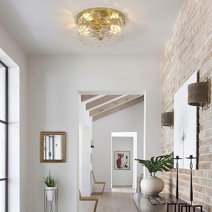 LamQee 11.8" Flush Mount Ceiling Light with Clear Hammered Glass, Brushed Gold Hallway Light Fixtures Ceiling Mount for Bathroom, 2-Lights Farmhouse Close to Ceiling Light Kitchen Foyer Bedroom