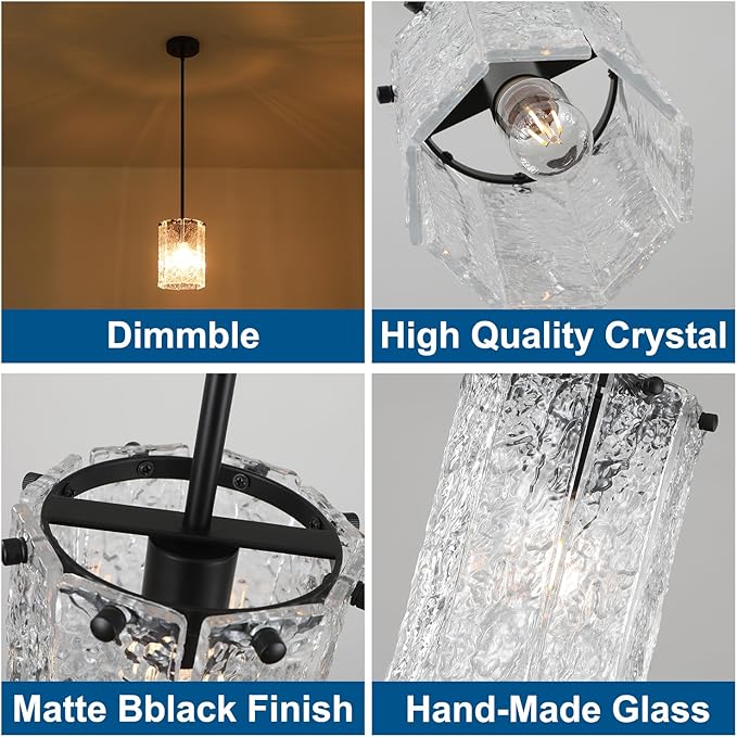 Matte Black Pendant Light, Modern Round Handmade Glass Hanging Light Fixture, Industrial Cylinder Mini Chandelier for Kitchen Island Dining Room Entryway