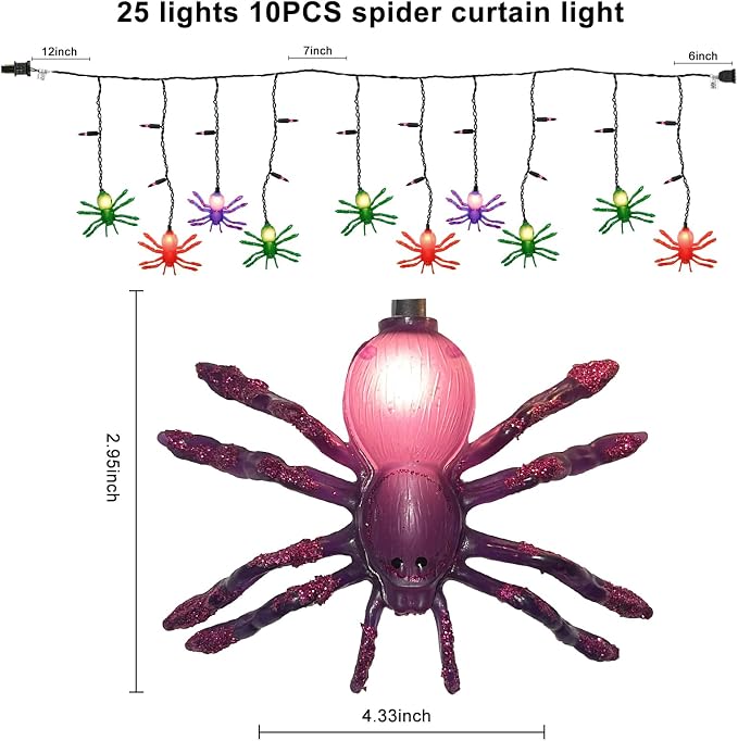 Halloween Spider String Lights, 7Ft Halloween Decorations Lights with 10 LED Colorful Spider Lights 15 Mini Purple Bulbs, Hanging Fairy Lights UL Listed for Outdoor Curtain Porch Bar Party Decor