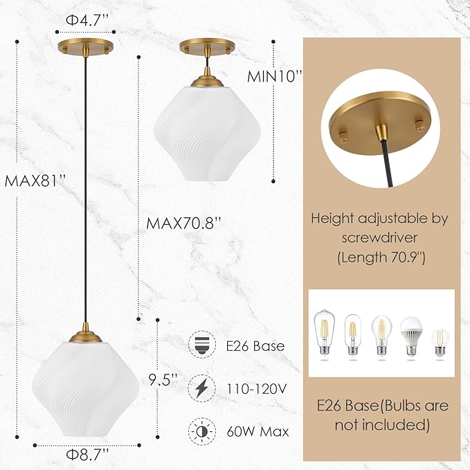 Milk White Glass Pendant Light, Mid Century Modern Ceiling Hanging Lights Fixture with Height Adjustable, Brass Gold Pendant Lighting for Kitchen Island, Hallway, Dining Room, Bedroom(1 Pack)