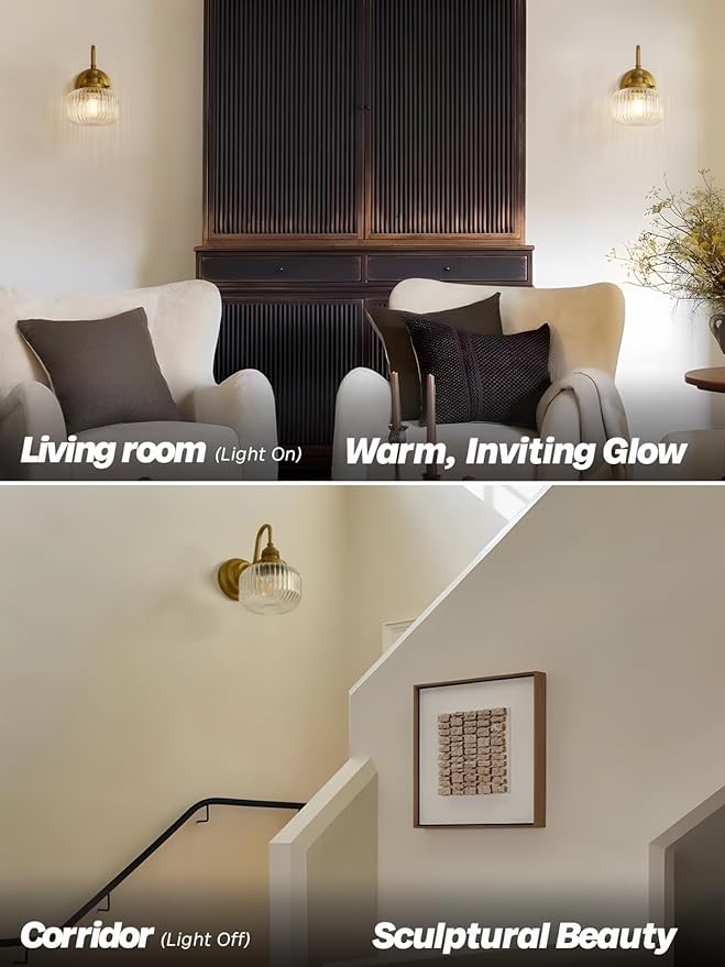 Gold Wall Sconces,Vintage Bathroom Vanity Light with Hand-Blowing Clear Glass Minimalist Hardwire Brass Wall Mounted Lamp for Bathroom Mirror Living Room Bedroom Kitchen E26 Indoor