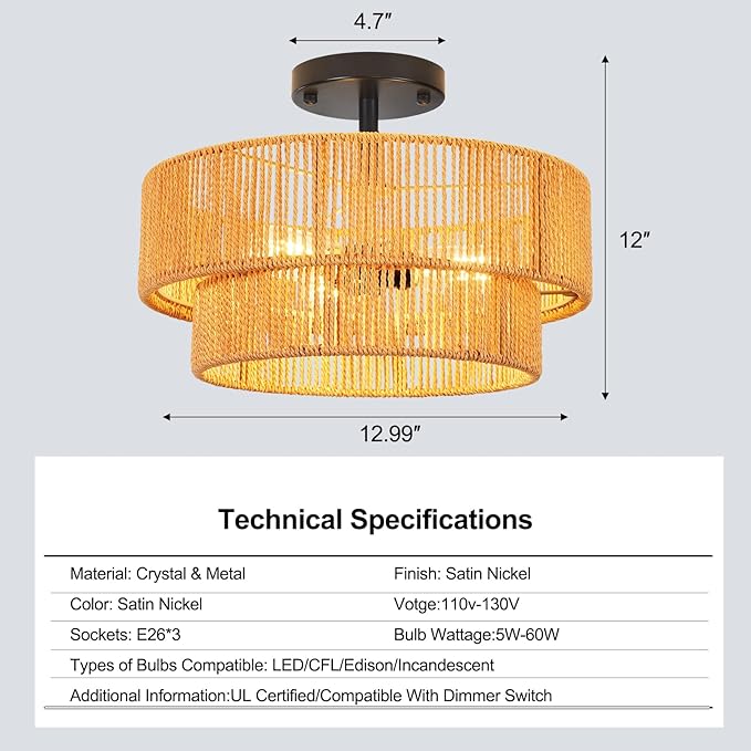 Rattan Ceiling Light Fixture Modern Boho Chandelier Flush Mount Ceiling Light 3-Lights 12.99",Boho Woven Wicker Light Fixtures for Hallway Bedroom Living Room Entryway Kitchen Island