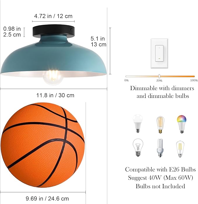 2 Pack Semi Flush Mount Ceiling Lights, 12 Inch Metal Small Ceiling Lights for Kids Room Close to Ceiling Light Fixtures with Light Blue Shade for Hallway Entryway Kitchen Bedroom Bathroom Laundry