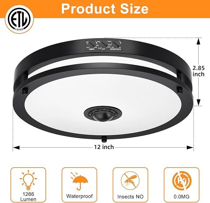 2 Pack 24W LED Motion Sensor Outdoor Ceiling Light, 12IN 2700K/3000K/3500K/4000K/5000K Adjustable Ceiling Lights, Dusk to Dawn Flush Mount LED Ceiling Light Fixture for Porch, Entryway, Garage