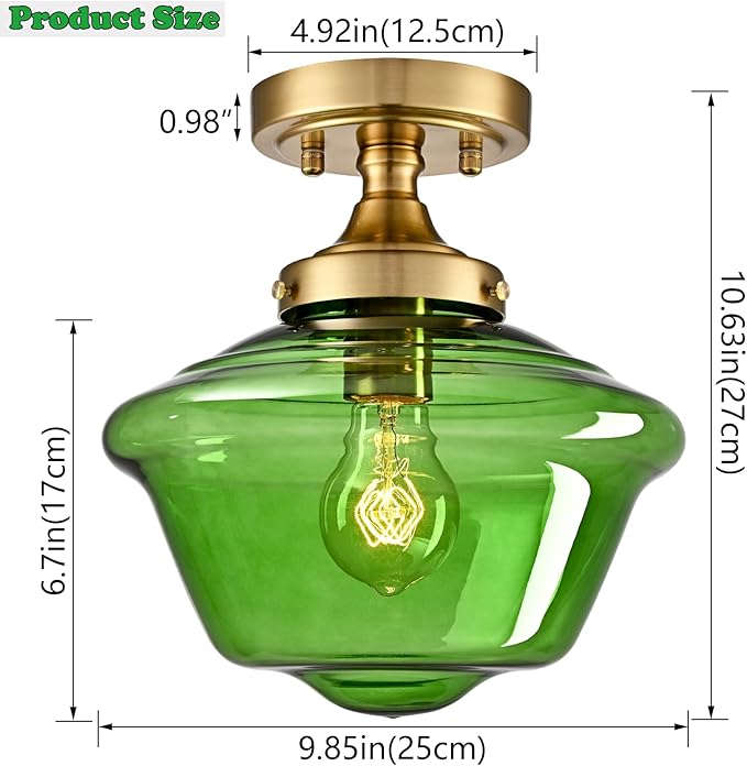 SAMTEEN Schoolhouse Light Fixtures Gold Ceiling Light 10-Inch Modern Green Glass Semi Flush Mount Ceiling Light Vintage Brass Hallway Light Fixtures for Bedroom Kitchen Entryway Living Room