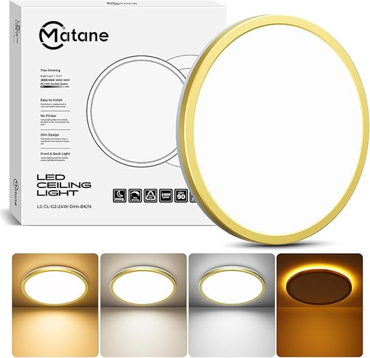 Matane 12 Inch LED Flush Mount Ceiling Light Fixture with Night Light, 24W 2400LM 3000K/4000K/5000K Selectable, Dimmable Ceiling Lights for Bedroom, Dining Room, Kitchen, Round Gold