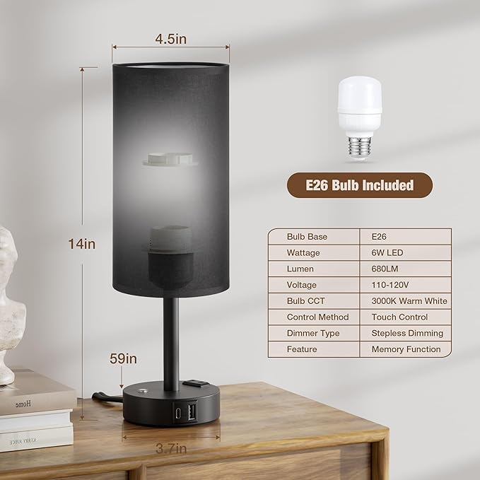 Touch Bedside Table Lamp with Memory - Stepless Dimmable Lamp for Bedroom, Small Nightstand Lamp with Dual USB Charging Ports and AC Outlet, Wood Night Light, Deak Lamp for Nursery, (Black & Black)