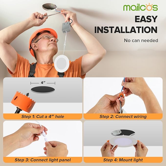 MAILCOS 12 Pack 4 Inch Ultra-Thin LED Recessed Ceiling Light with Junction Box, 5000K Daylight, 810LM High Brightness, Dimmable Canless Wafer Downlight, 9W 120V, ETL