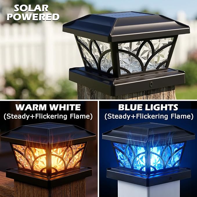SIEDiNLAR Flickering Flame Solar Post Cap Lights 4 Modes 4 Pack, Upgrade Model for 4x4 5x5 6x6 Wood & Vinyl Posts, Waterproof Outdoor Fence Deck Patio Decor, Warm White/Blue Light (Black)