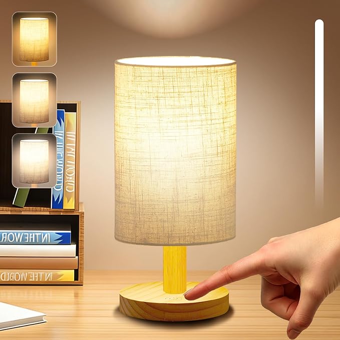 Small Touch Table Lamp for Bedroom, Portable LED Desk Lamps, 3 Color Stepless Dimming Up, Wood Base Round Flaxen Fabric Shade for Kids Room, Living Room, College Dorm, Home, Office