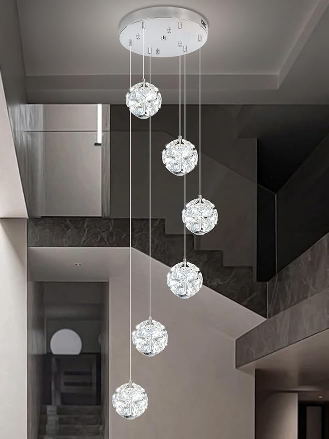 ykolupty LED Staircase Chandelier Modern Crystal Globe Pendant Light Crystal Chandeliers for High Ceilings, Hanging Lighting Fixture for Villas Foyer Hallway Entryway (6-Lights)