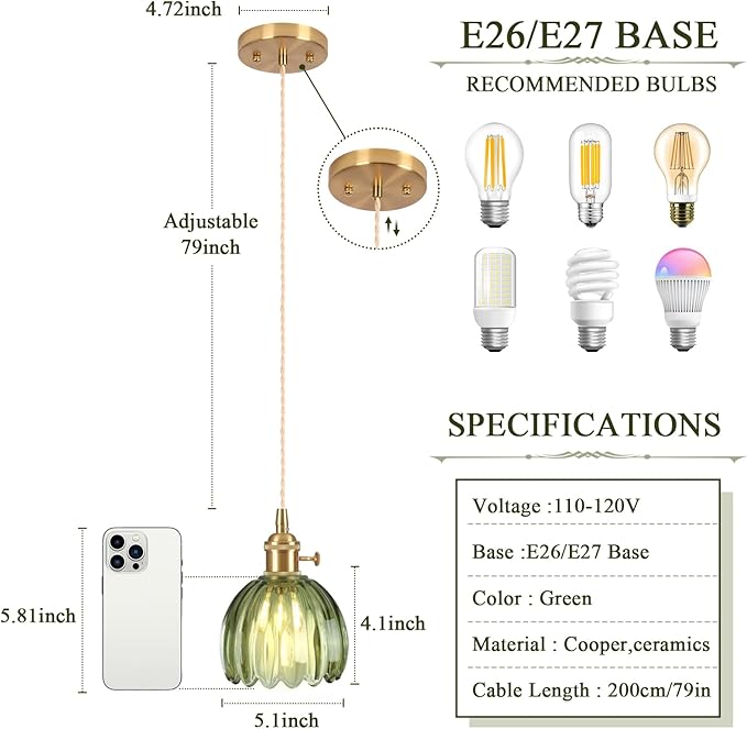 Pendant Light Fixtures,Mini Hanging Lights Green Glass Vintage Pendant Light 5.1Inch E26 Hanging Light Adjustable Hanging Light for Bedroom Living Room Hallway