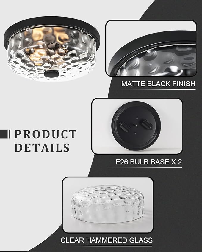 12 Inch Farmhouse Flush Mount Ceiling Light, 2 Light Industrial Close to Ceiling Light, Industrial Ceiling Lighting Fixture for Kitchen Hallway Bedroom Living Room (12.2 Inch Black)