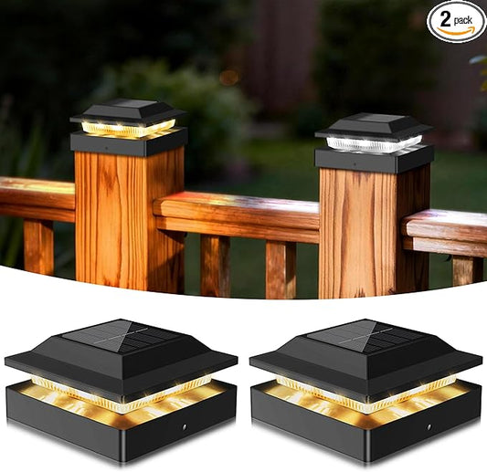 Solar Post Cap Lights 2-Pack, IP65 Waterproof Fence Post Solar Lights for 4x4 Wood/Vinyl Posts, Outdoor Post Lights with 2 Color Modes Decorate Garden Patio Porch Backyard, Pure Black