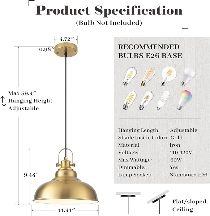 Gold Pendant Lights, 11.41 Inch Gold Pendant Light Kitchen Island, Dome Pendant Lights 2 Pack, Farmhouse Kitchen Pendant Light for Kitchen Island, Dining Room, Living Room