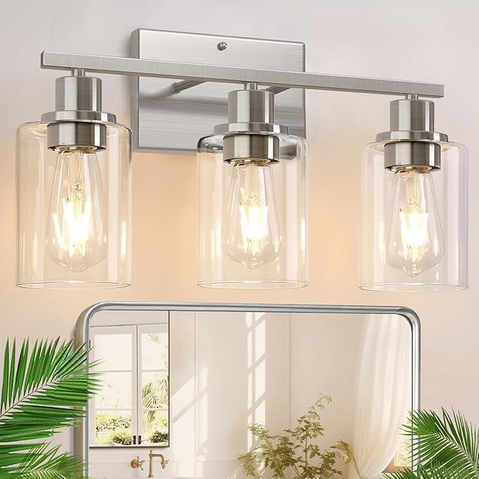 Indoi 3-Light Bathroom Light Fixtures, Brushed Nickel Vanity Lights with Clear Glass Shades, Modern Bathroom Wall Lamp for Mirror Living Room Cabinet Bedroom Porch
