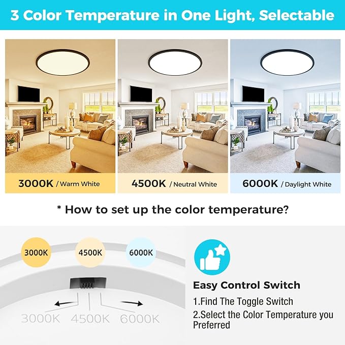 libtit 20 Inch LED Ceiling Light, 4200LM 35W Large & Bright Flush Mount Lighting Fixture, 3000K/4500K/6000K White Round Flat LED Ceiling Lamp for Bedroom Kitchen Livingroom Office (Black)