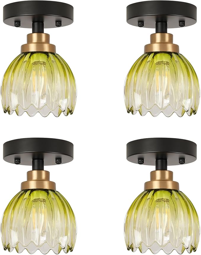TALOYA Semi Flush Mount Ceiling Light,4 Pack Close to Ceiling Light Fixtures with Green Tulip Glass Shades Modern Farmhouse Lighting Fixtures for Hallway Corridor Kitchen Bathroom Bedroom Passway