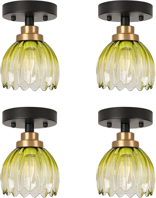 TALOYA Semi Flush Mount Ceiling Light,4 Pack Close to Ceiling Light Fixtures with Green Tulip Glass Shades Modern Farmhouse Lighting Fixtures for Hallway Corridor Kitchen Bathroom Bedroom Passway