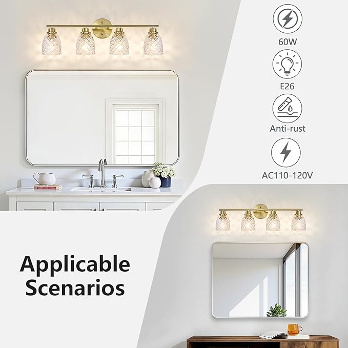 4-Light Bathroom Light Fixtures, Modern Brushed Gold Vanity Light Over Mirror, Wall Sconce with Clear Hammered Glass Shades, E26 Base (Bulbs Not Included)