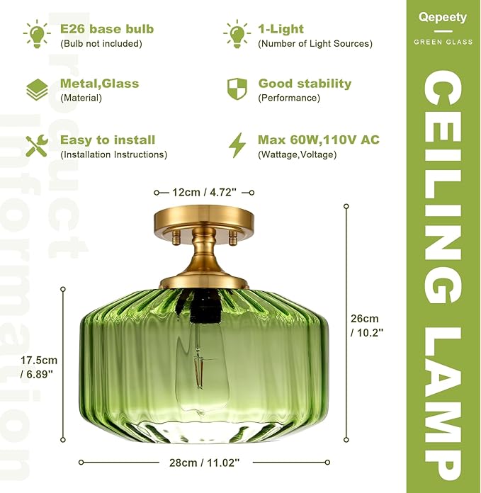 Green Semi Flush Mount Ceiling Light Set of 2 Mid Century Modern Ceiling Light Fixture Vintage Gold Chandelier Farmhouse Close to Ceiling Light Fixtures for Living Room, Bedroom, Entryway