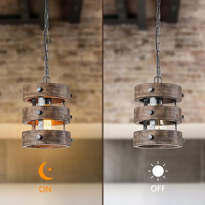 Farmhouse Wood Pendant Lights Kitchen Island, Dining Room Lighting Fixtures Over Table, Rustic Chandelier, Height Adjustable Hallway Light for Foyer Living Room Bar Restaurant