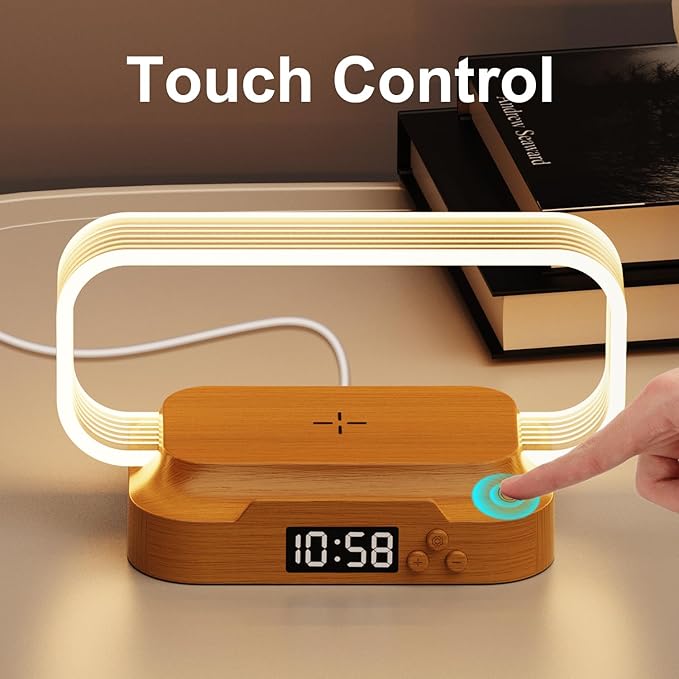 Donewin Small Nightstand Lamp with Wireless Charger,Cute Bedside Lamp with Clock,Small Table Lamp for Bedroom,Mini Night Light for Bedroom,Tiny Light as Gift,Stepless Dimmable,3 Color Modes