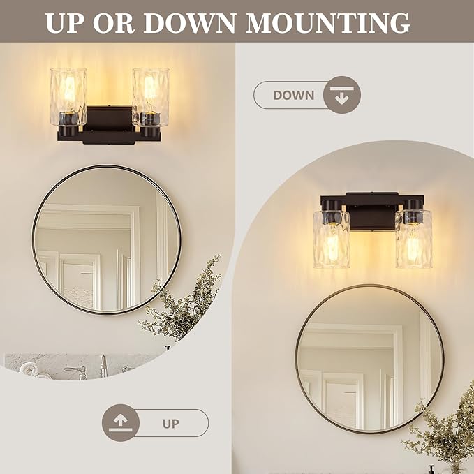 2-Light Bathroom Light Fixtures Modern Oil Rubbed Bronze Vanity Lights with Water Ripple Glass Wall Sconces Over Mirror for Bathroom, Powder Room, Living Room