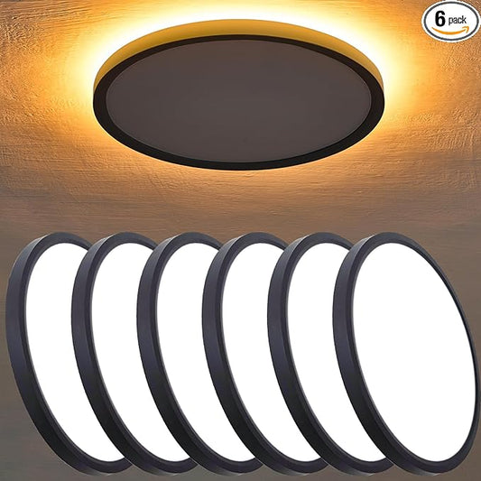6 Pack 12 Inch LED Flush Mount Ceiling Light with 2000K Night Light, 24W 2400LM Dimmable, 3000K/4000K/5000K Selectable, 1" Ultra Slim Flat Light Fixture for Bedroom Kids Room, Black