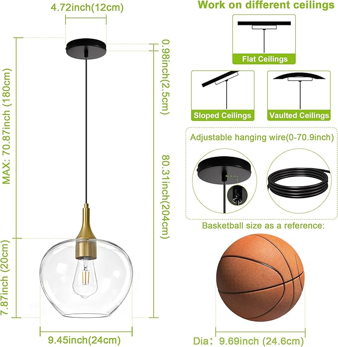 Glass Pendant Lights Kitchen Island, 9.45'' Black Gold Pendant Lighting Fixtures, Modern Hanging Ceiling Light with Clear Glass Shade for Farmhouse Dining Room Bedroom Hallway(1 Pack)