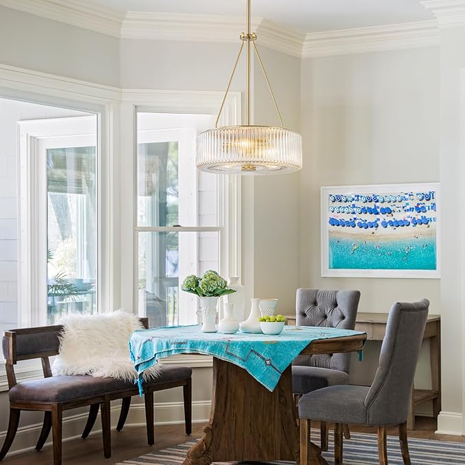 13.9 inch Gold Pendant Lights Kitchen Island,Mid-Century Modern Chandelier with Clear Striped Glass Shades,3-Light Round Dining Room Light Fixture for Living Room,Bedroom,Kitchen,Hallway,Bathroom