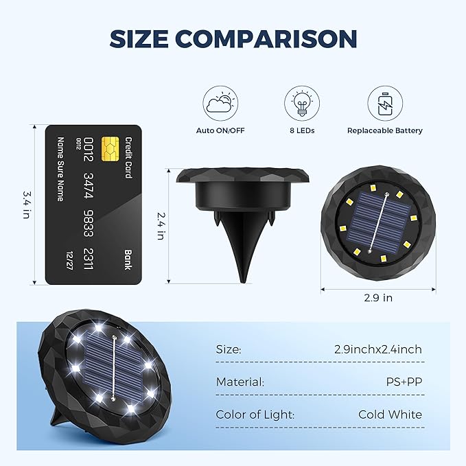 SOLPEX Mini Solar Ground Lights, 12 Pack Pathway Solar Lights Outdoor Waterproof, Garden Lights for Driveway Walkway Yard Landscape (Cool White)