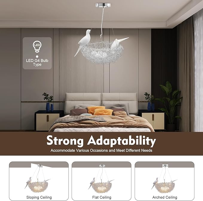 5 Lights Bird's Nest Pendant Light LED Chandelier w/Adjustable Cord Woven Nest Chandelier for Living, Dining, Study, Bedroom, Silver Dia 40cm
