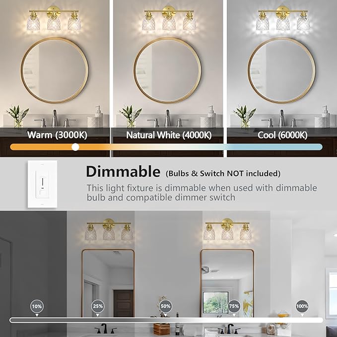 3-Light Bathroom Light Fixtures, Modern Brushed Gold Vanity Light Over Mirror, Wall Sconce with Clear Hammered Glass Shades, E26 Base (Bulbs Not Included)
