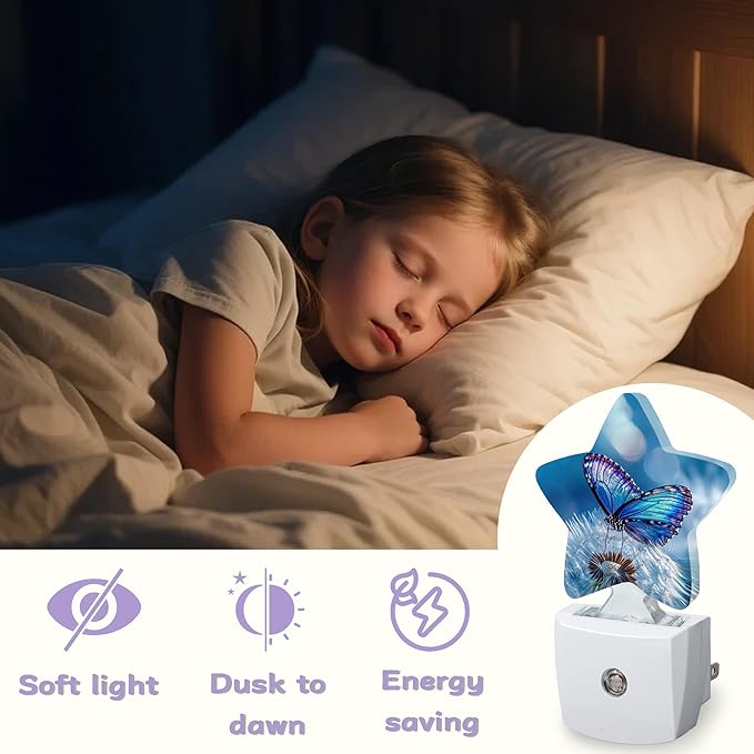Blue Butterfly Night Lights Plug Into Wall, Dusk to Dawn Light Sensor Night Light for Kids,Energy Efficient Sleep Friendly Lamp for Bedroom Bathroom Nursery