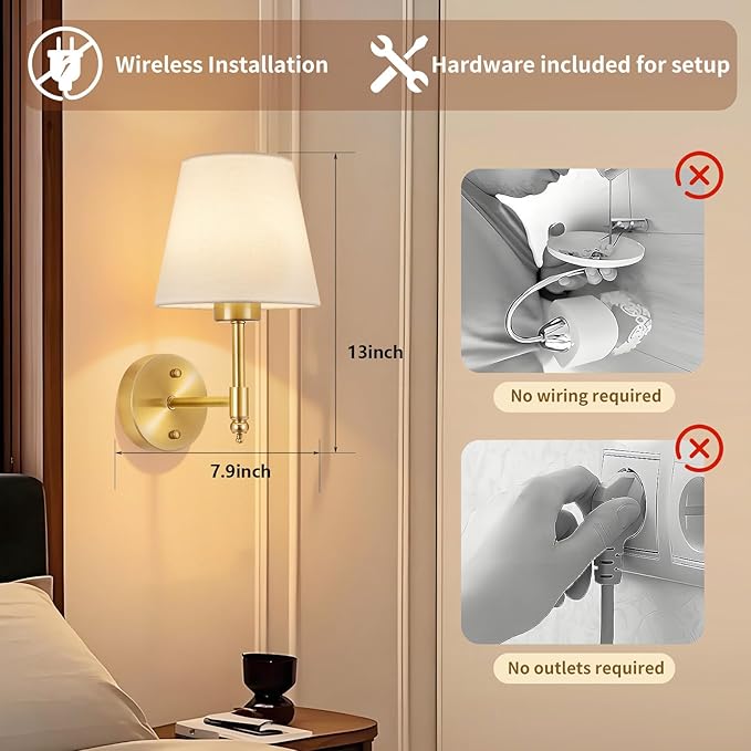 Battery Operated Wall Sconce Set of 2, Rechargeable Wireless Wall Lights with fabric Lampshade, 5200mAh Dimmable Bulbs with Remote,15 Colors Wireless Wall Lamps for Bedroom Living Room Hallway Decor