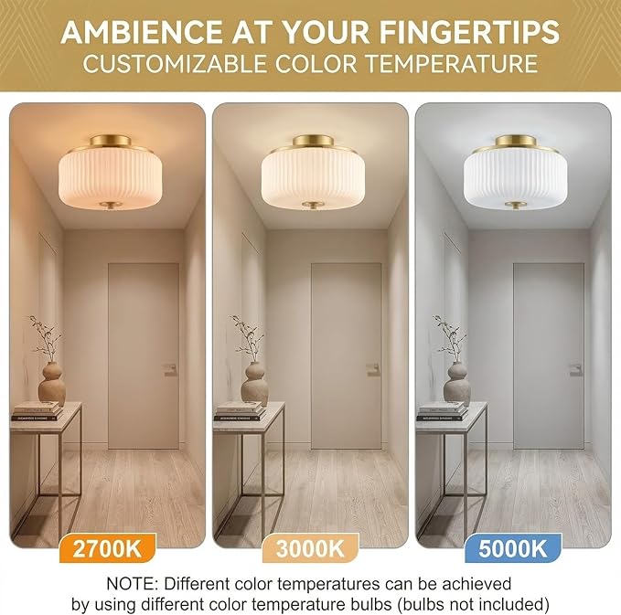 3-Light Gold Flush Mount Ceiling Light, 11.8" Modern Schoolhouse Light Fixtures Ceiling Mount with Ribbed Opal White Glass Shade, Anti-Glare Close to Ceiling Lamp for Bedroom Kitchen Hallway Entryway