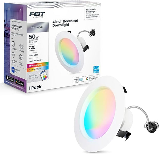 Feit Electric 4 Inch Smart Recessed Light, Color Changing and Tunable White, 2.4GHz WiFi Retrofit LED Downlight E26 Base, No Hub, Works with Alexa and Google, Dimmable 50W Equi, CRI90, LEDR4/RGBW/AG